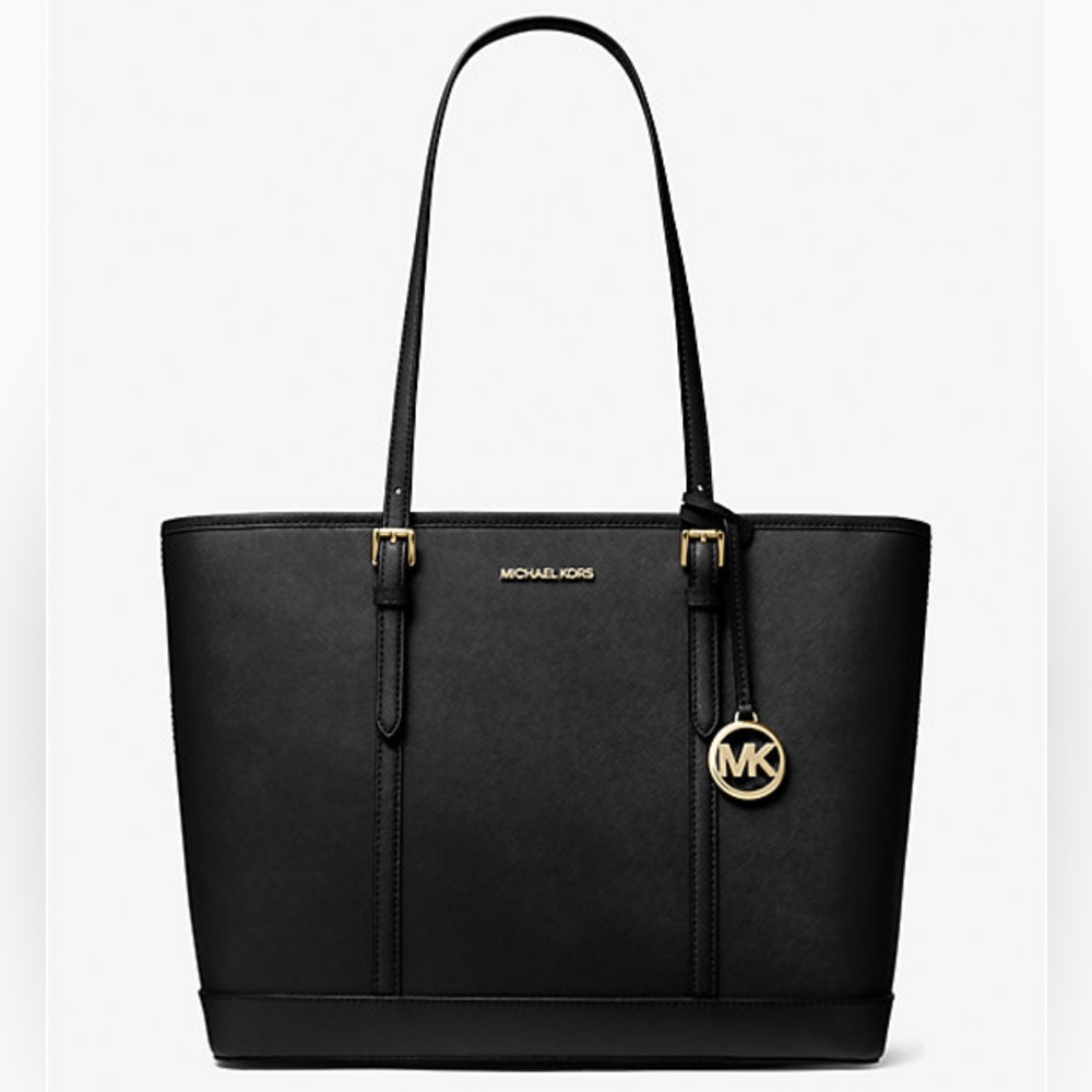 Michael Kors Black Leather Shoulder Tote with Gold Hardware